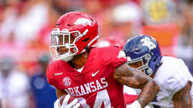 Arkansas Razorback defensive back LaDarrius Bishop runs the opening kick-off back against Rice to open the 2021 season.